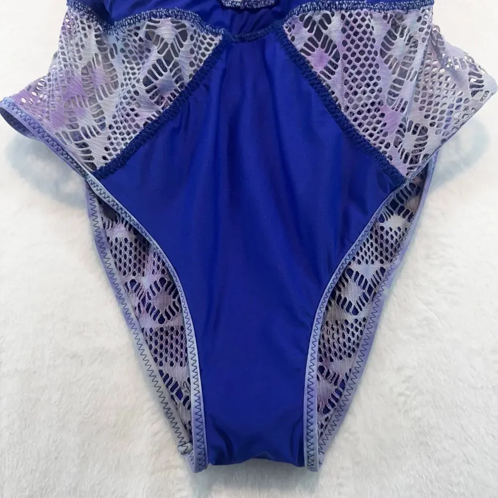 BECCA by Rebecca Up‎ In The Clouds One Piece Swimsuit Size M Purple Blue Mesh